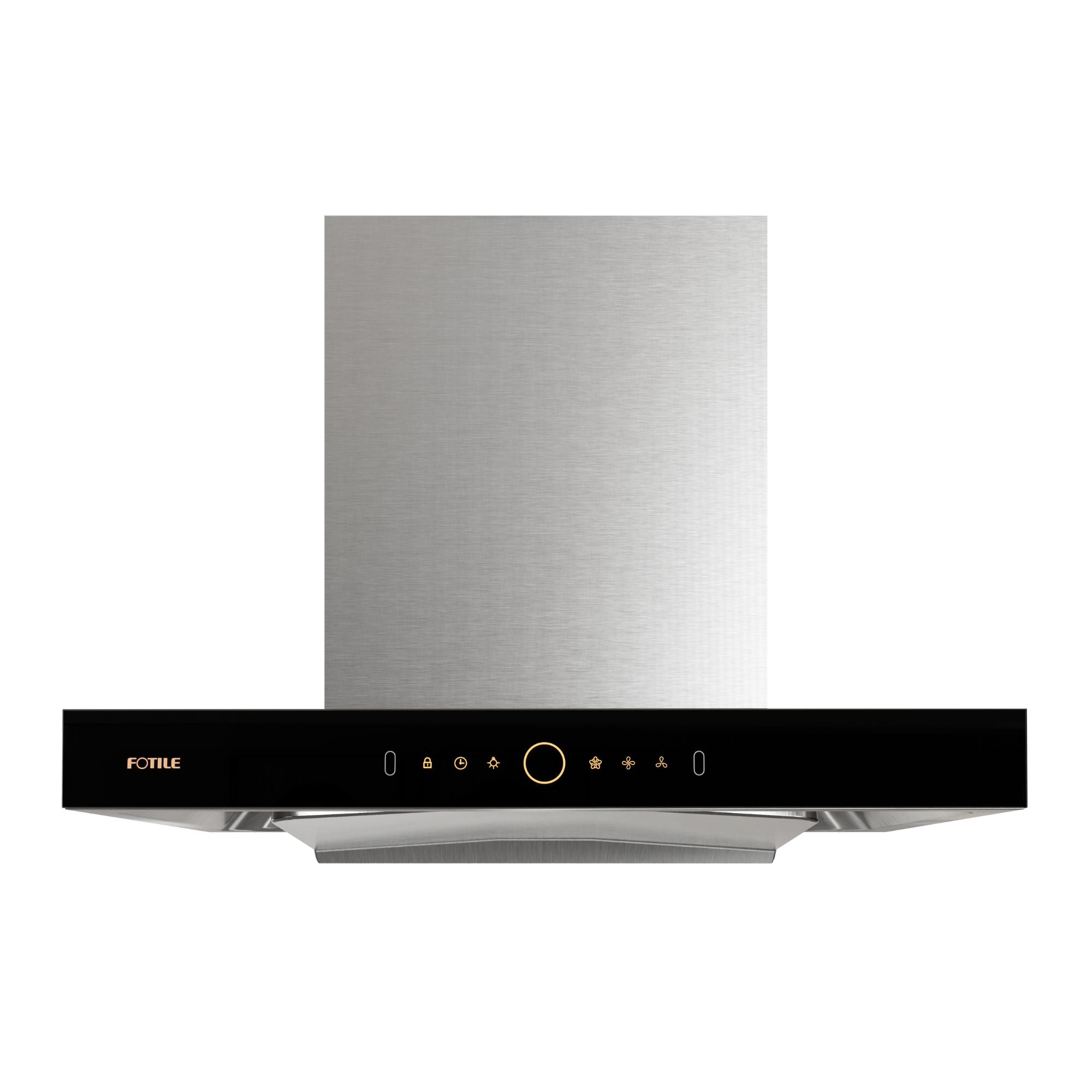 Stainless steel and black wall-mount range hood with control panel buttons and display