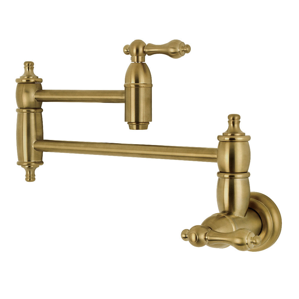 Wall-mount pot filler faucet with brushed brass finish and two swing spouts
