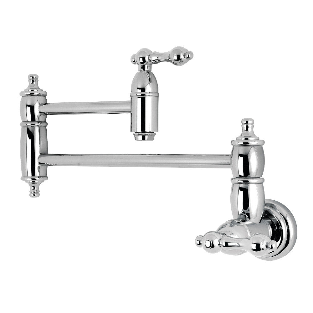 Polished chrome wall-mount pot filler faucet with two swing arms and valves