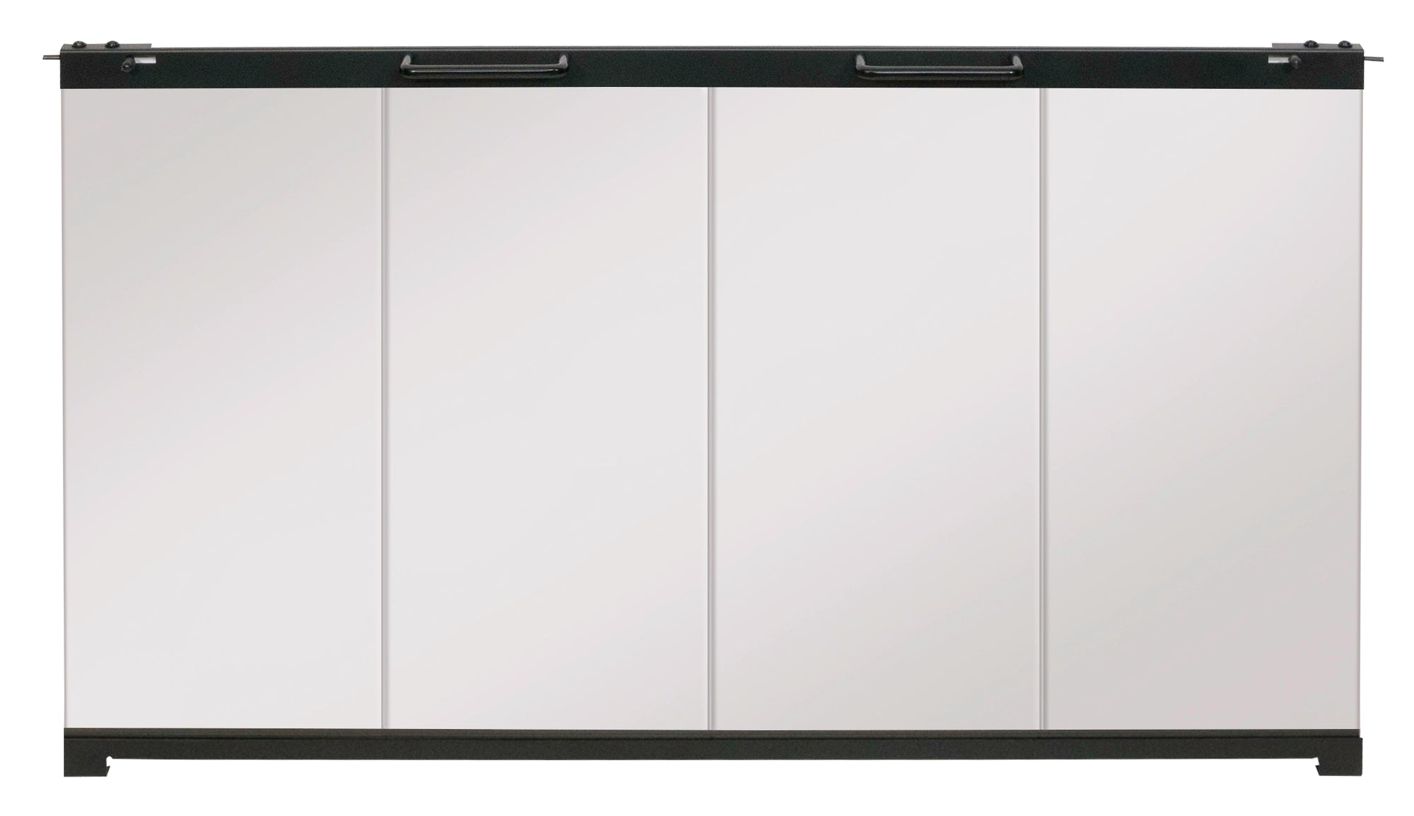 Black-framed glass bi-fold look door with four clear panels