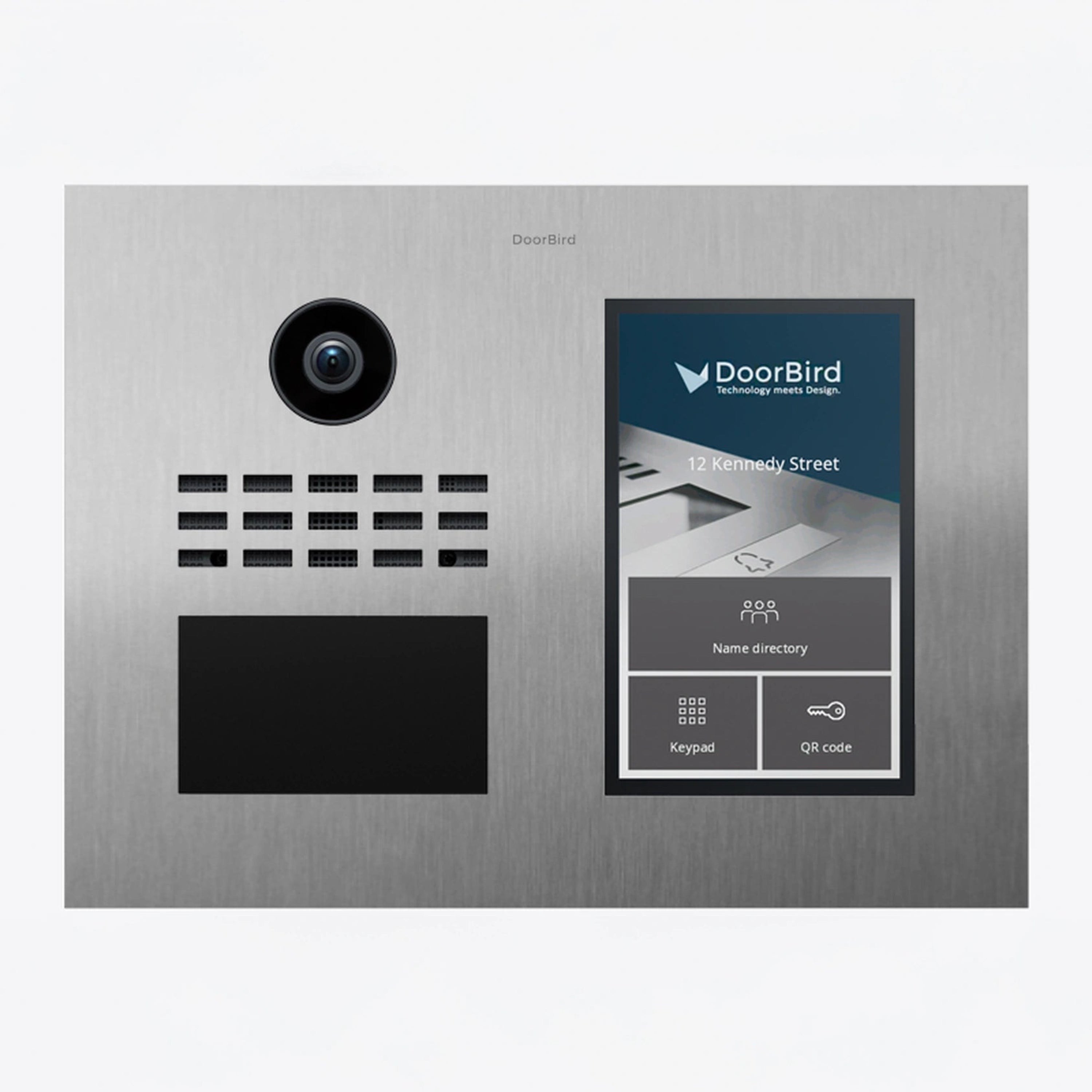 Stainless steel video intercom with camera, name directory screen, and keypad area