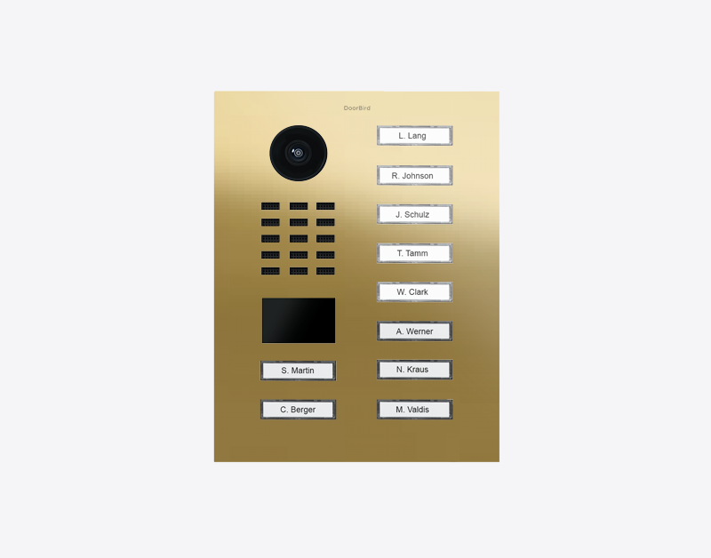DoorBird D2110V brass IP video door station with camera lens and 10 call buttons