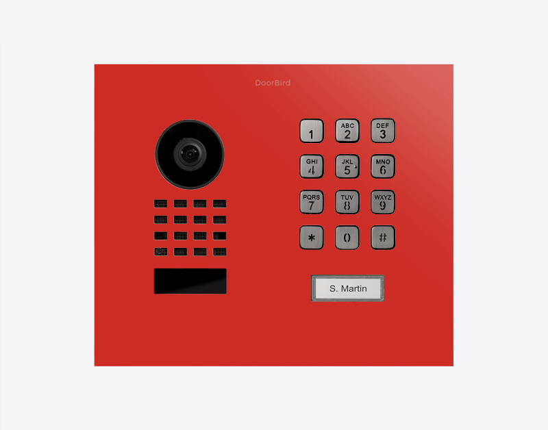 DoorBird flush-mount IP video door station, red front panel with camera and keypad