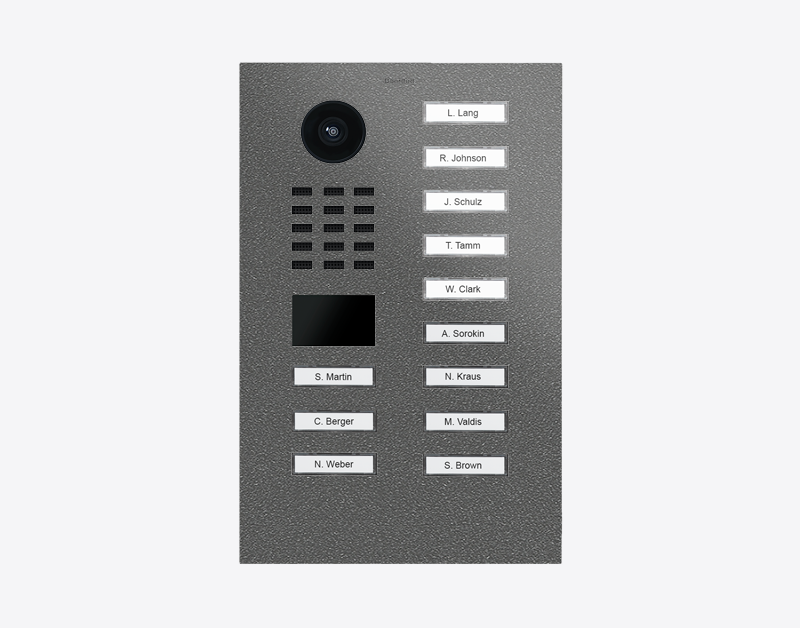 DoorBird stainless steel video door station panel with camera and 12 name label buttons