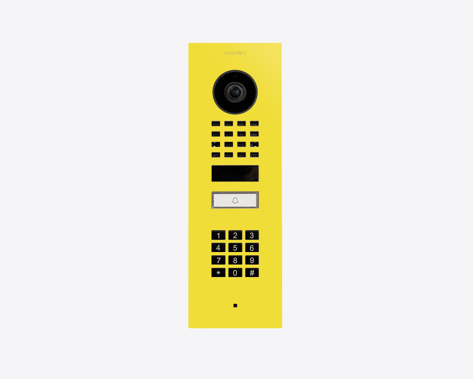 DoorBird flush-mount IP video door station, sulfur yellow keypad and camera