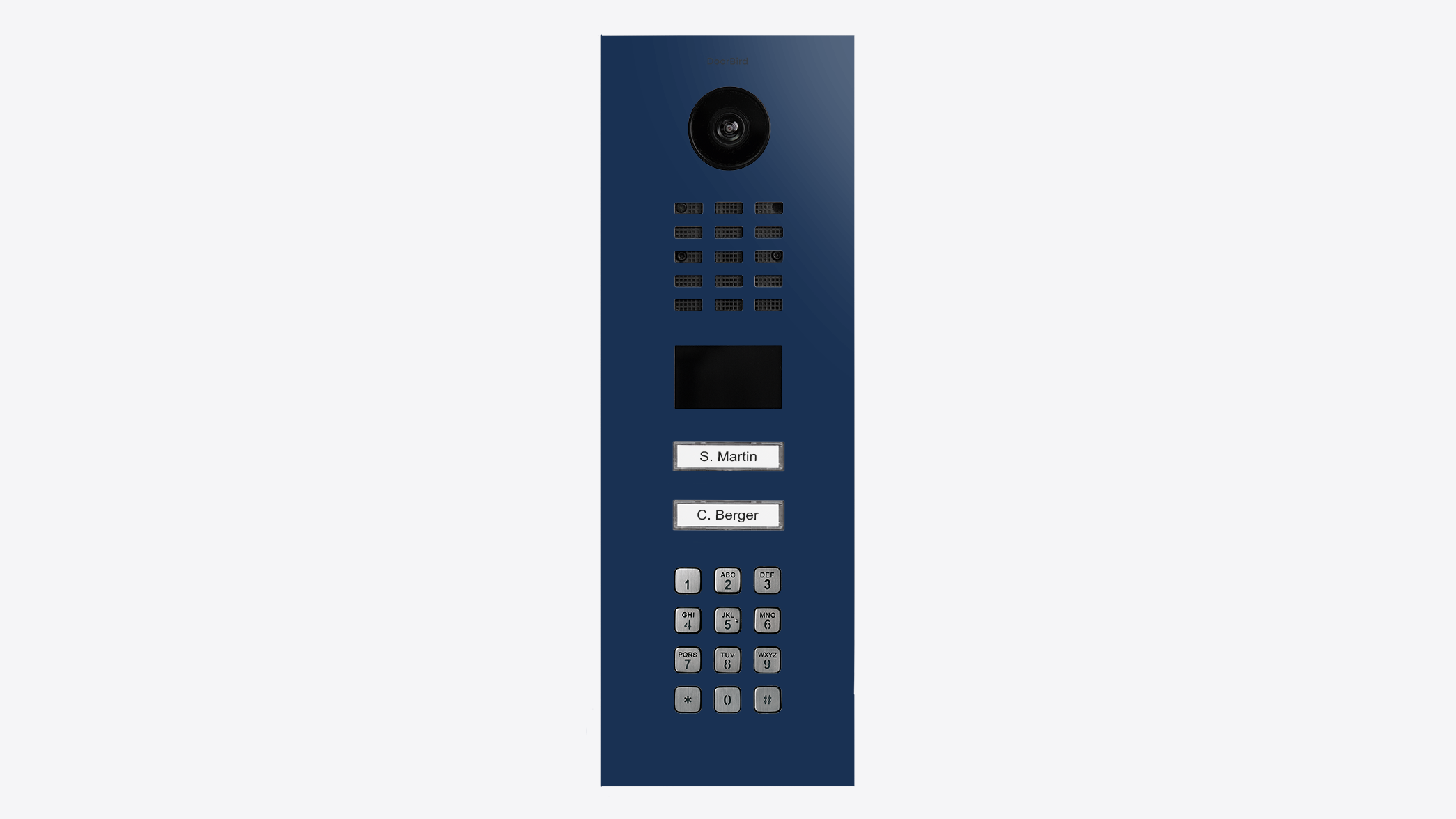Video door station in cobalt blue with camera lens, keypad, and call button speaker grille
