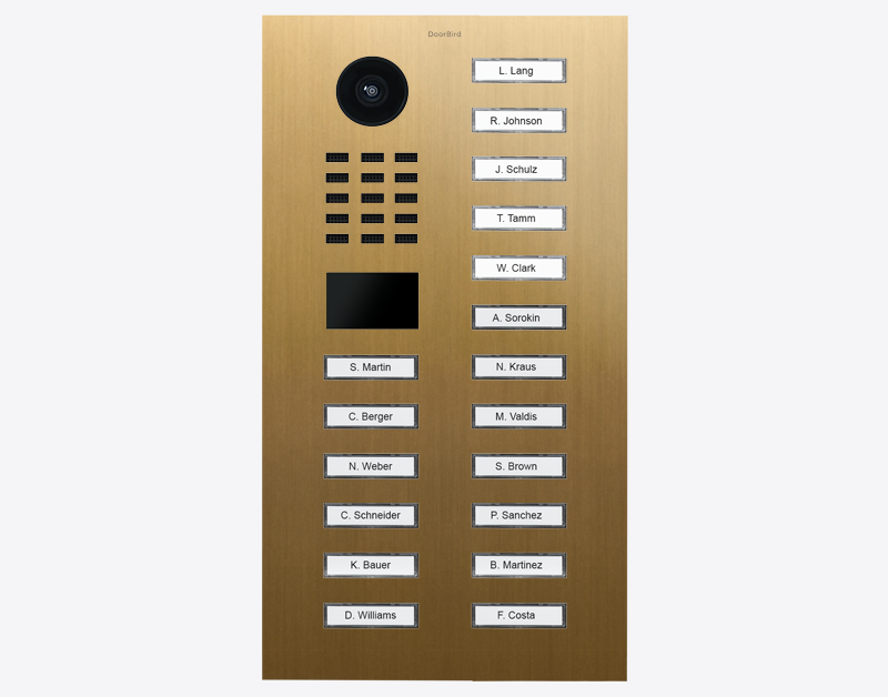 DoorBird gold IP video door station with 18 call buttons, name plates, and camera lens