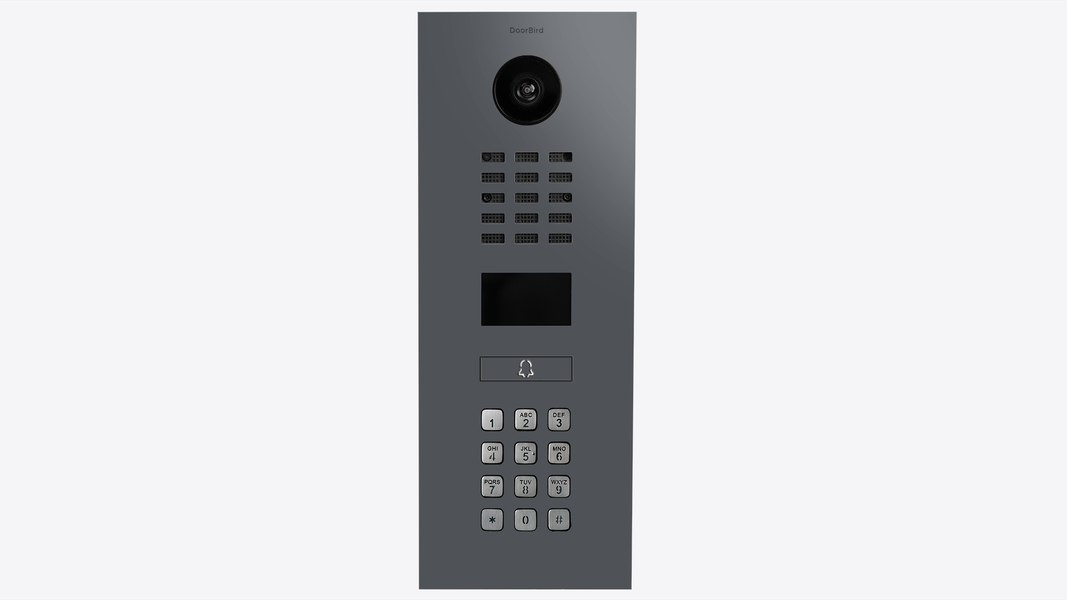 DoorBird slate grey intercom faceplate with camera lens, speaker grille, and keypad