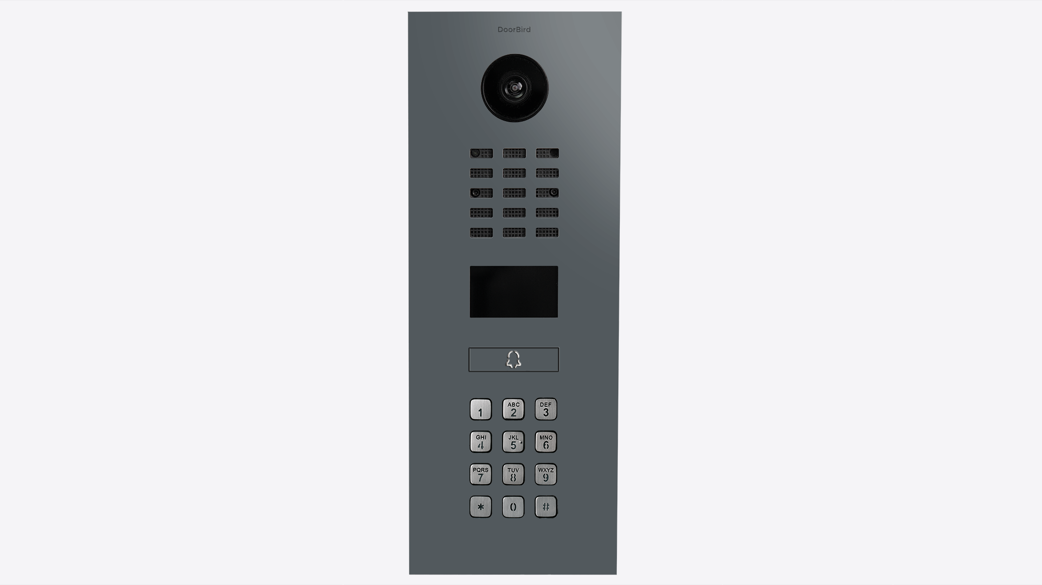 Video intercom panel closeup with camera lens, speaker grille, and numeric keypad