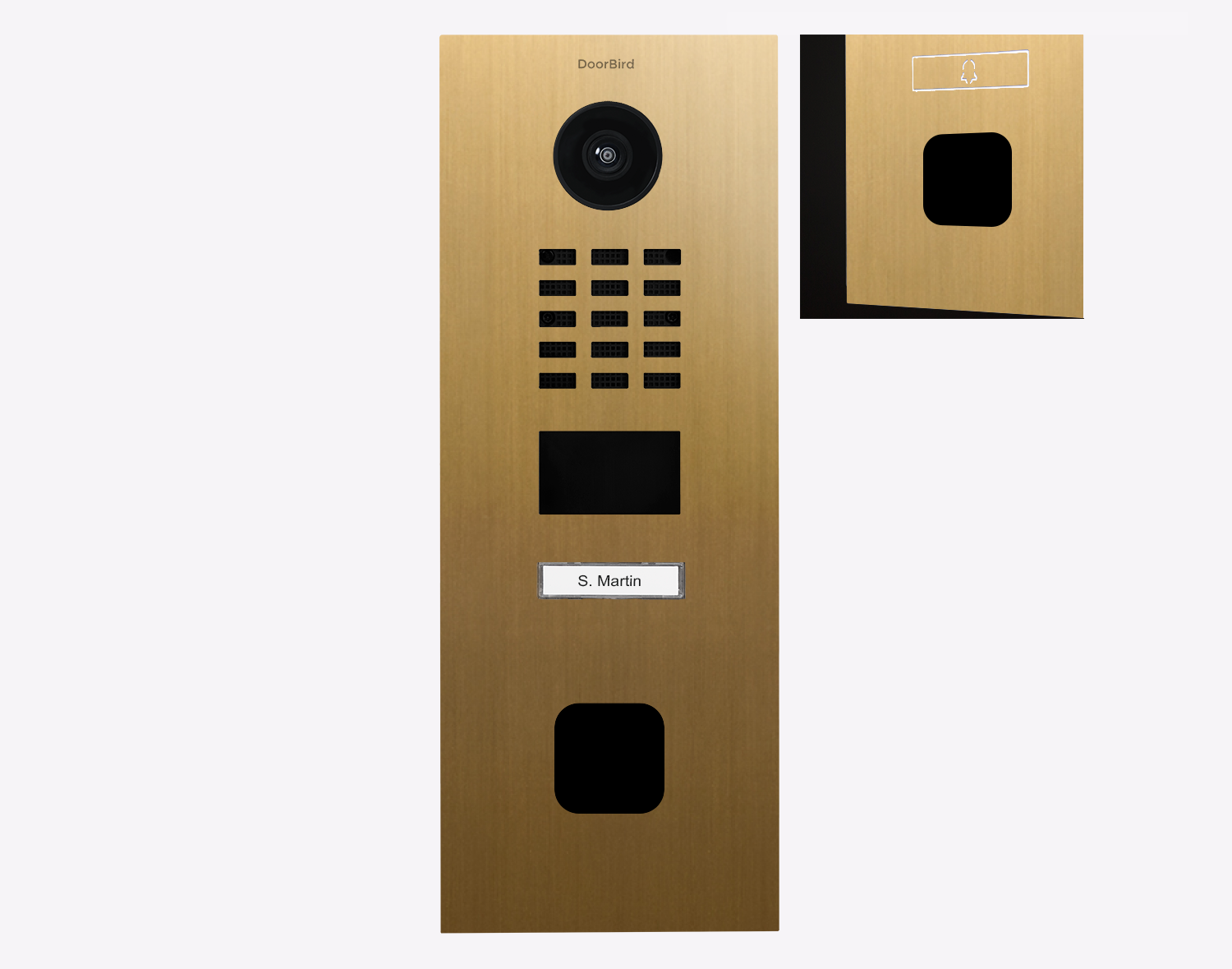 DoorBird IP video door station in gold with camera lens, keypad, speaker grille, and nameplate