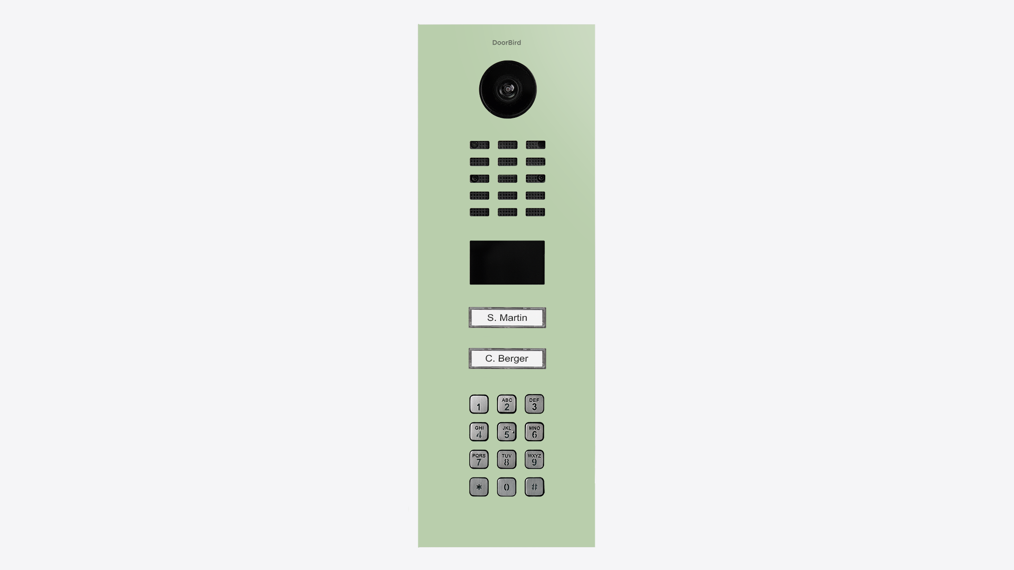 Pastel green video door station front panel with camera, speaker grills, and keypad