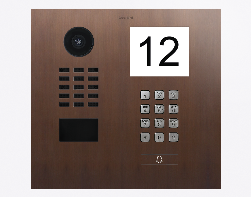 DoorBird IP video door station in bronze, camera lens, speaker grille, keypad, display