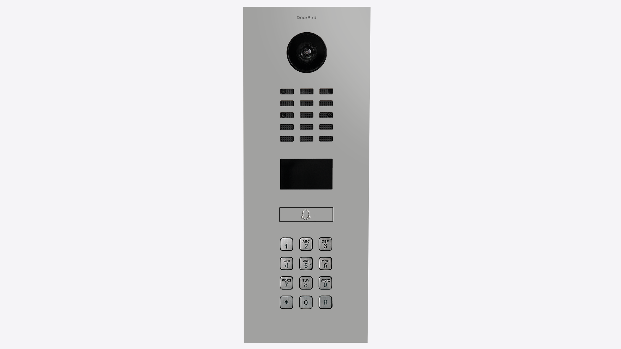 DoorBird IP video door intercom panel with camera lens, keypad, and call button icons