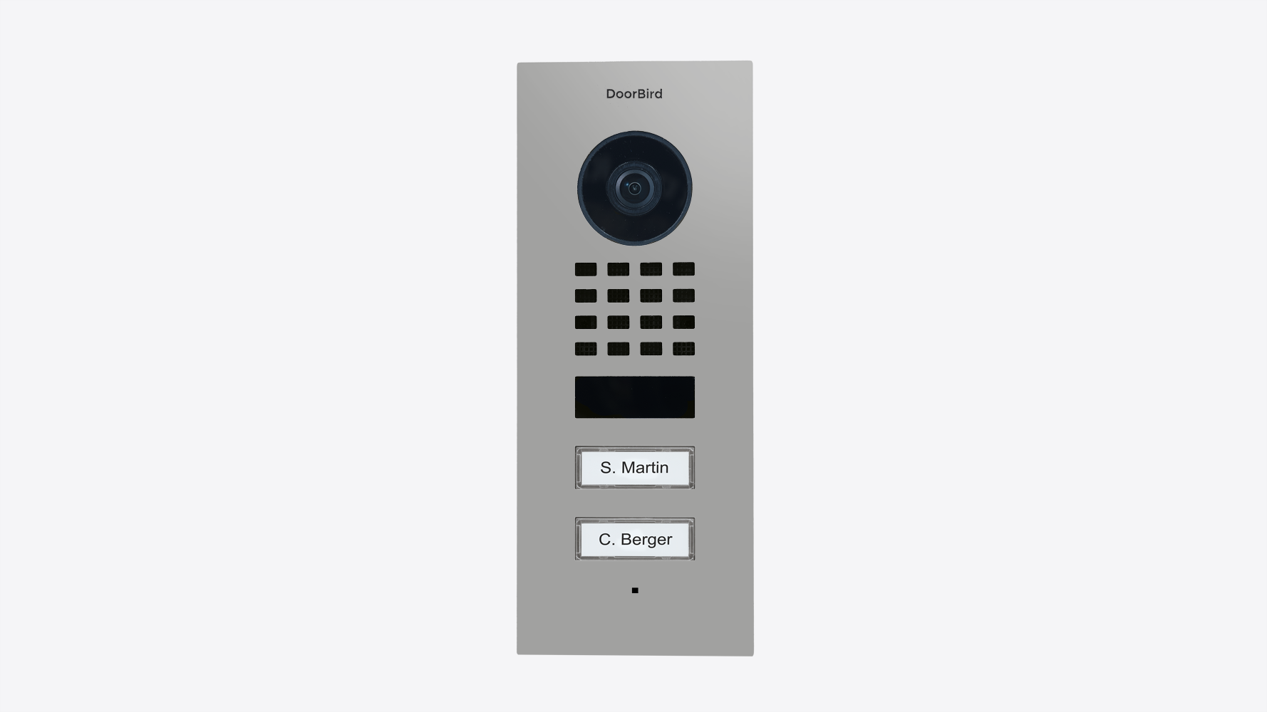 DoorBird flush-mount IP video door station, light gray face, camera and call buttons