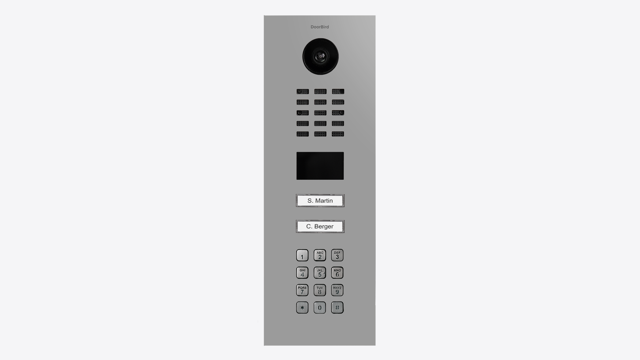 Grey video door station panel with camera lens, speaker grille, keypad, and call buttons