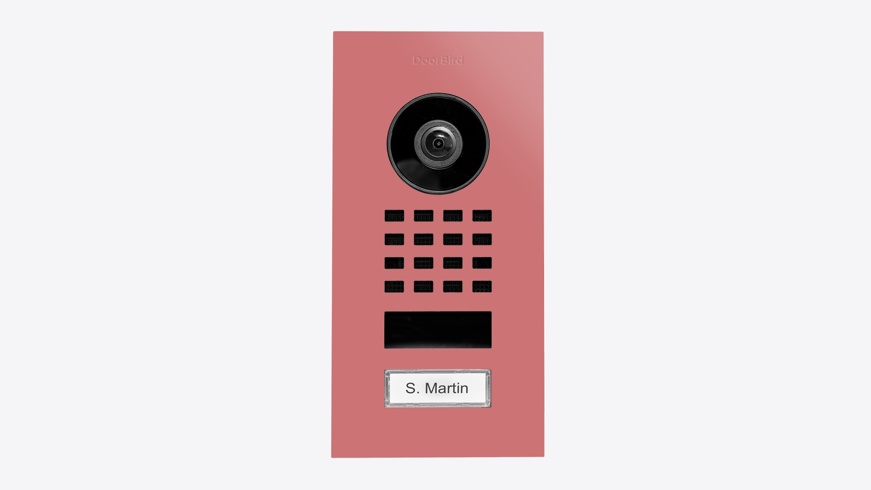 DoorBird video door intercom call panel in antique pink with camera and keypad
