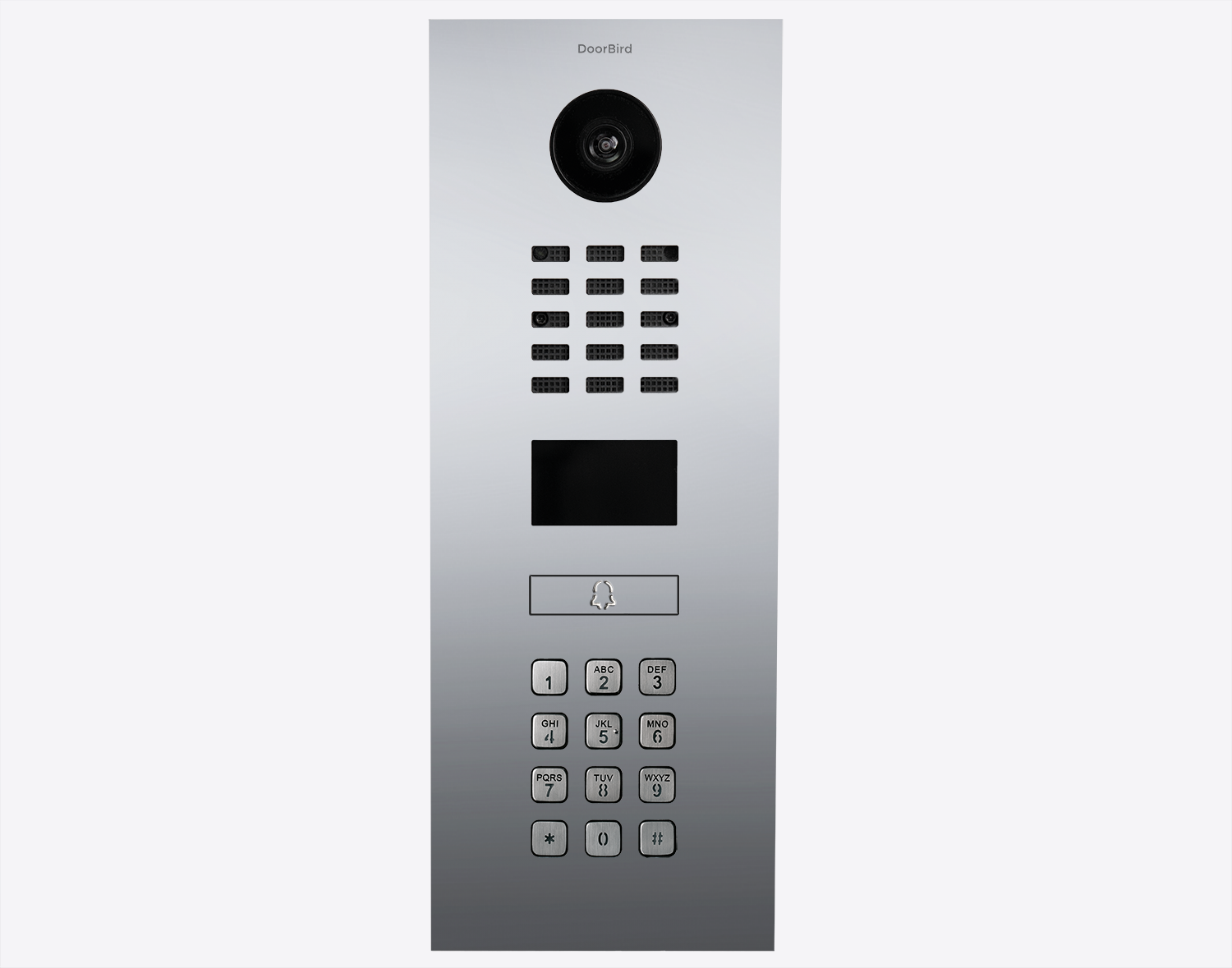 DoorBird IP video intercom panel with camera and keypad, chrome finish