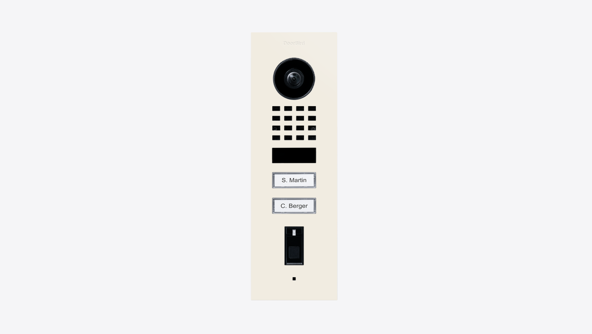 Pure white video door station front with camera lens, keypad dots, and two name plates