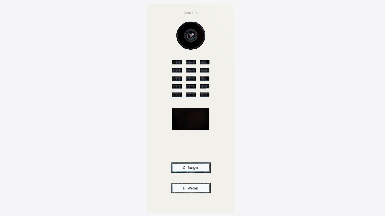 DoorBird IP video door station, white front panel with camera, grille, and two buttons