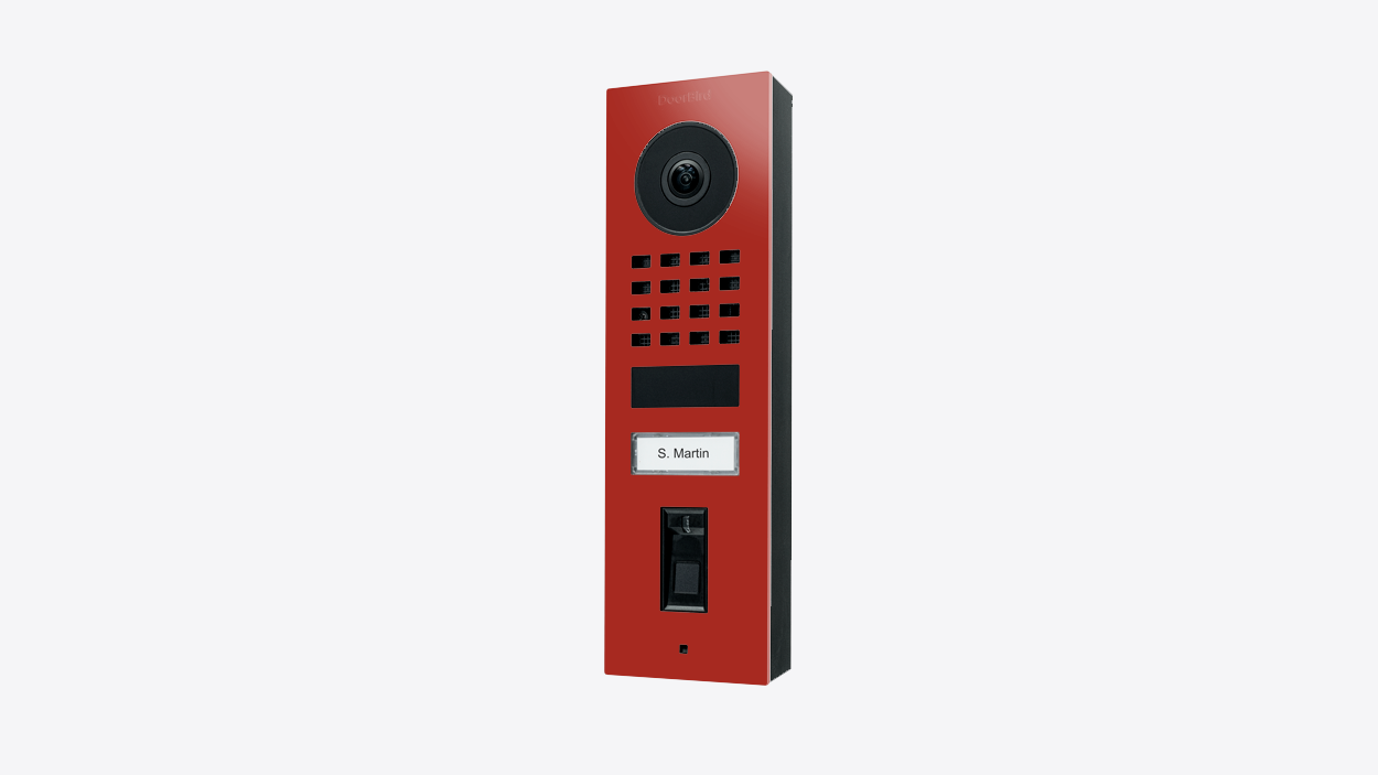 Flame red video door station with camera, speaker grille, nameplate, and card reader