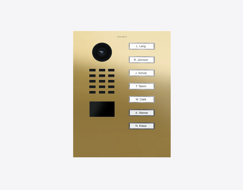 Brass IP video door station with camera lens and 7 call buttons