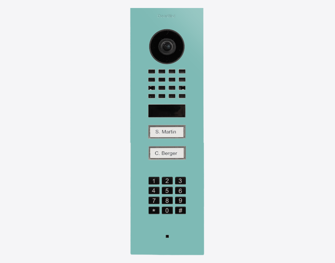 DoorBird flush-mount IP video door station in light green with camera and keypad