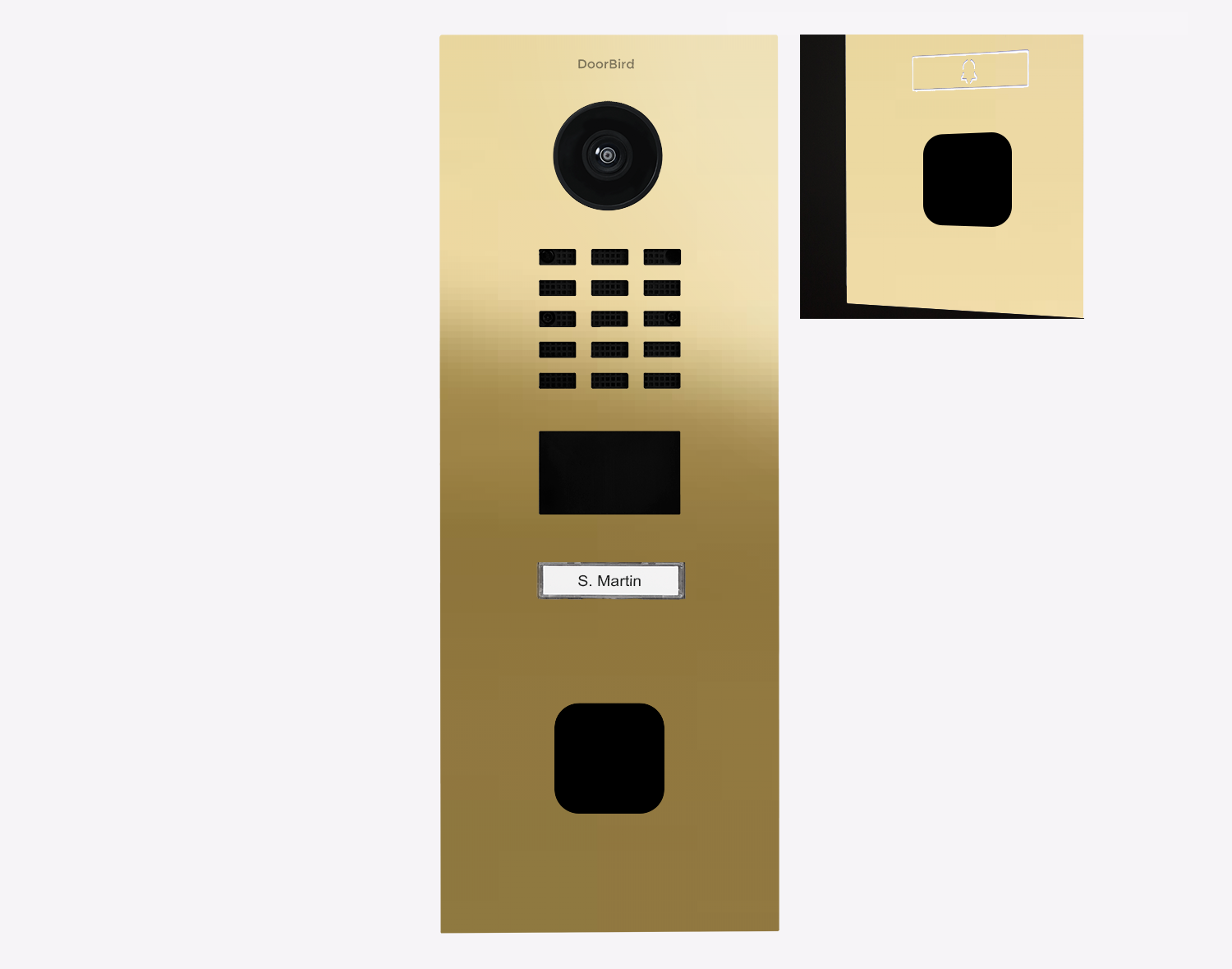 Brass IP video door station with round camera lens, keypad, and name plate