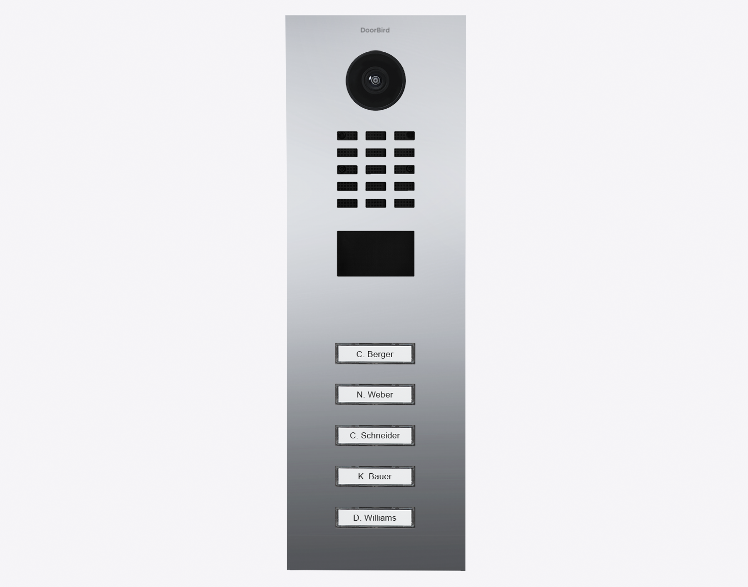 DoorBird IP video door station, chrome faceplate with camera and 5 call buttons