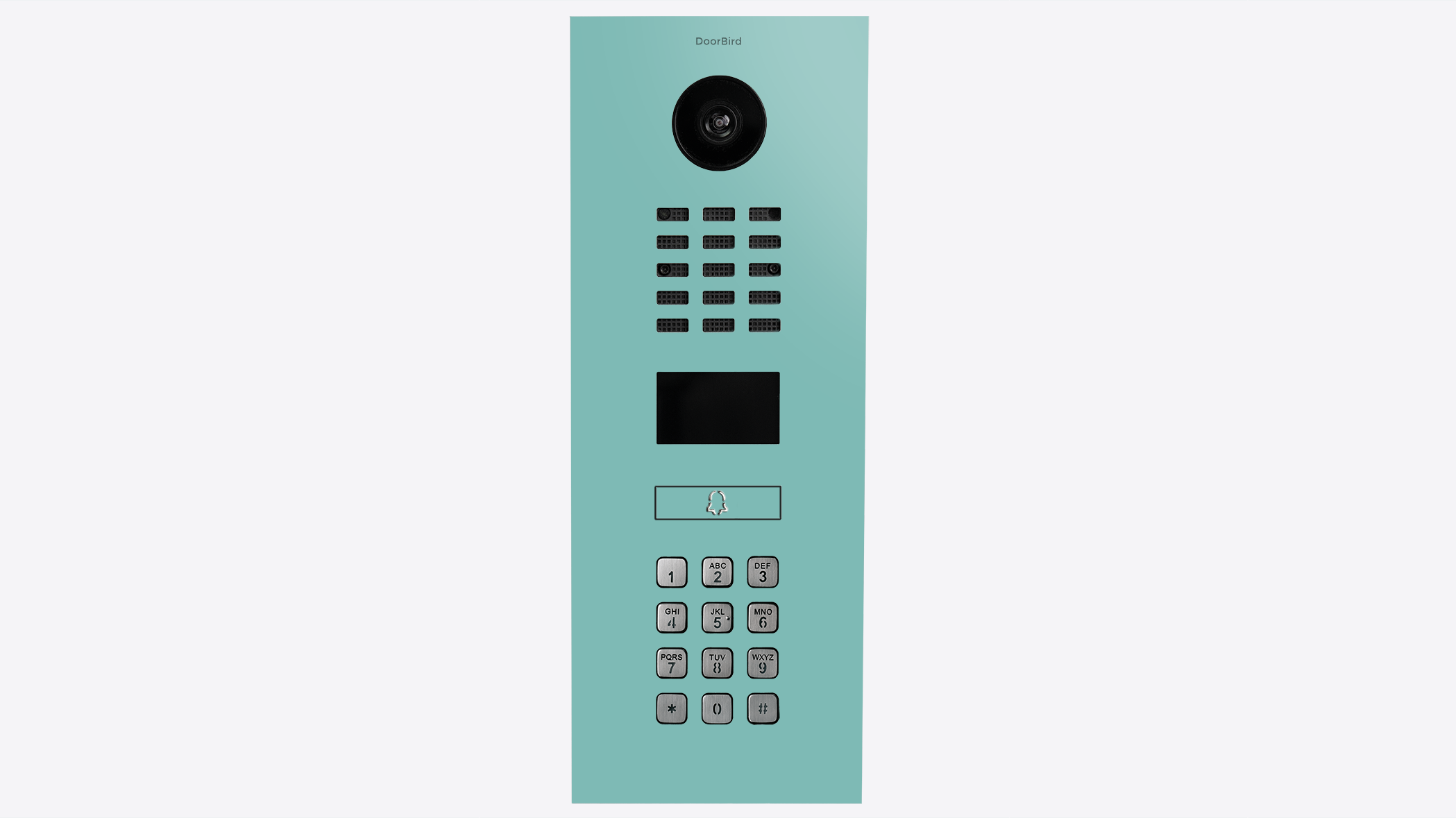 Teal IP video intercom panel close-up with camera, speaker grille, and keypad
