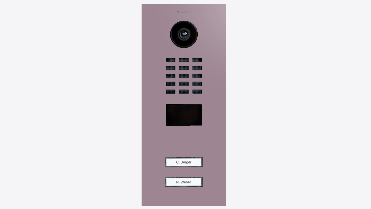 DoorBird video door station in pastel violet with camera and two call buttons