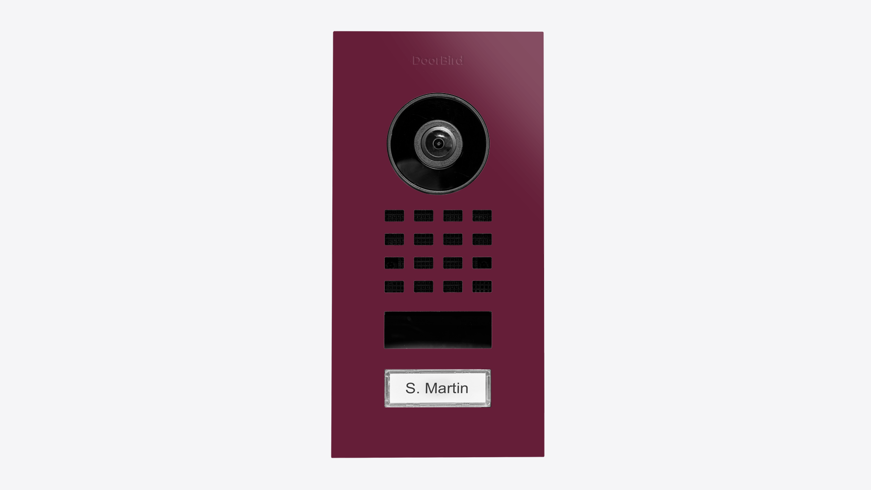 Claret violet flush-mount video intercom with camera, call buttons, nameplate