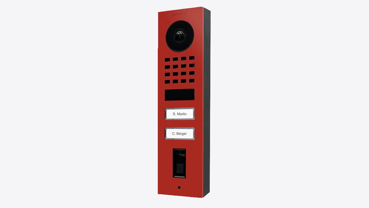 Flame red video door station with camera, keypad, and nameplates