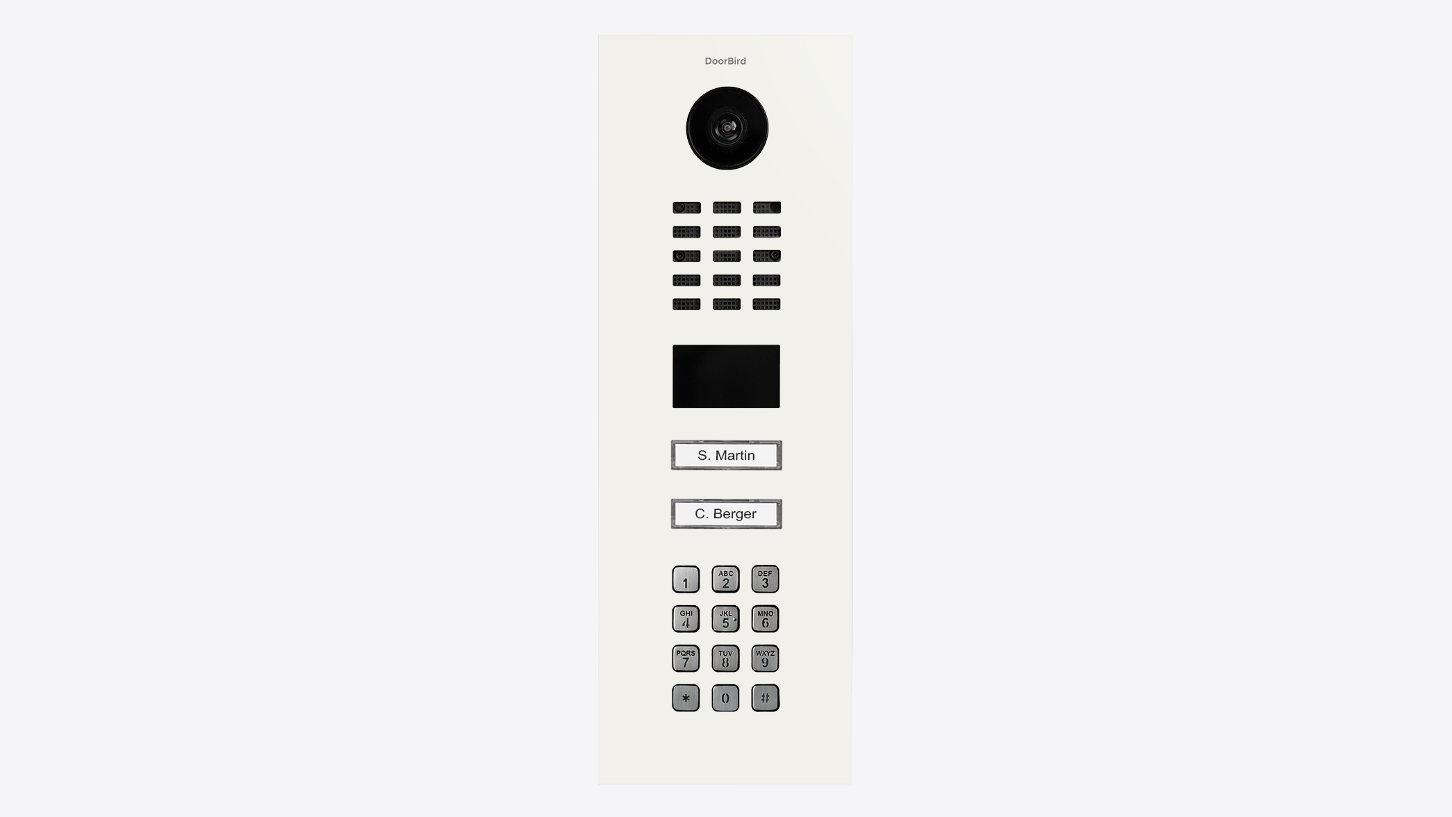 Traffic white door station front with camera, speaker grille, and keypad buttons