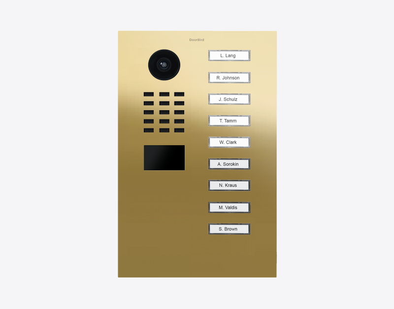 Brass IP video door station with black camera lens and 9 call buttons