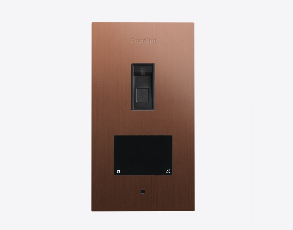 Bronze flush-mount DoorBird fingerprint access control device with keypad and logo