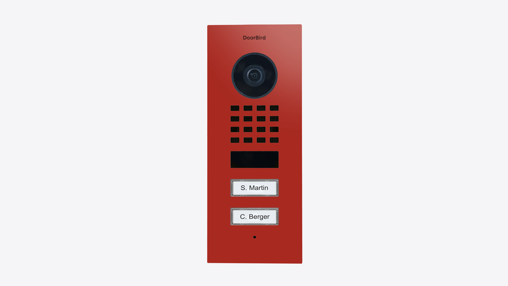 DoorBird flush-mount IP video door station, flame red faceplate with camera lens and call buttons