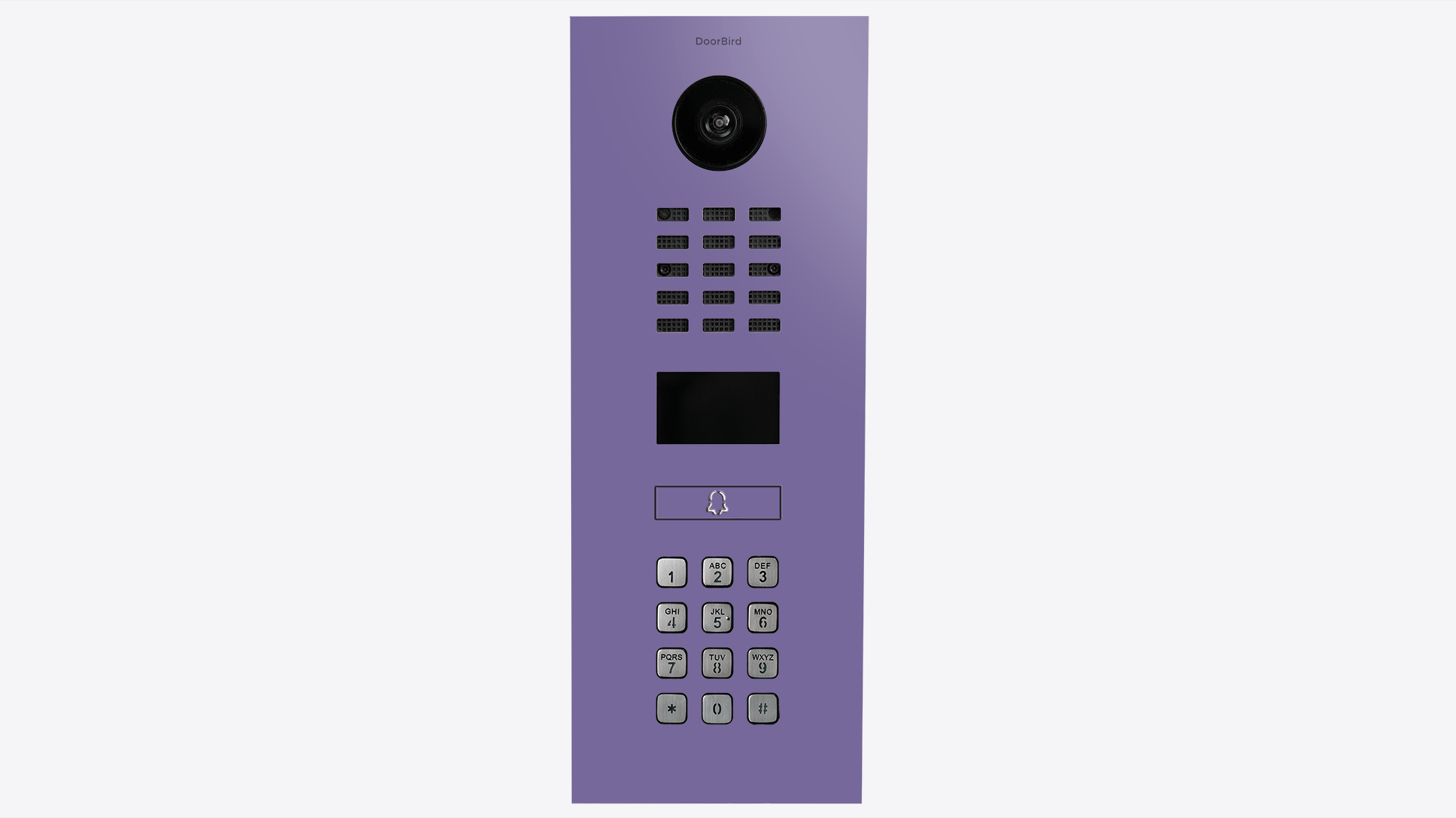 Lilac video door intercom panel with camera lens, speaker grille, and call button keypad