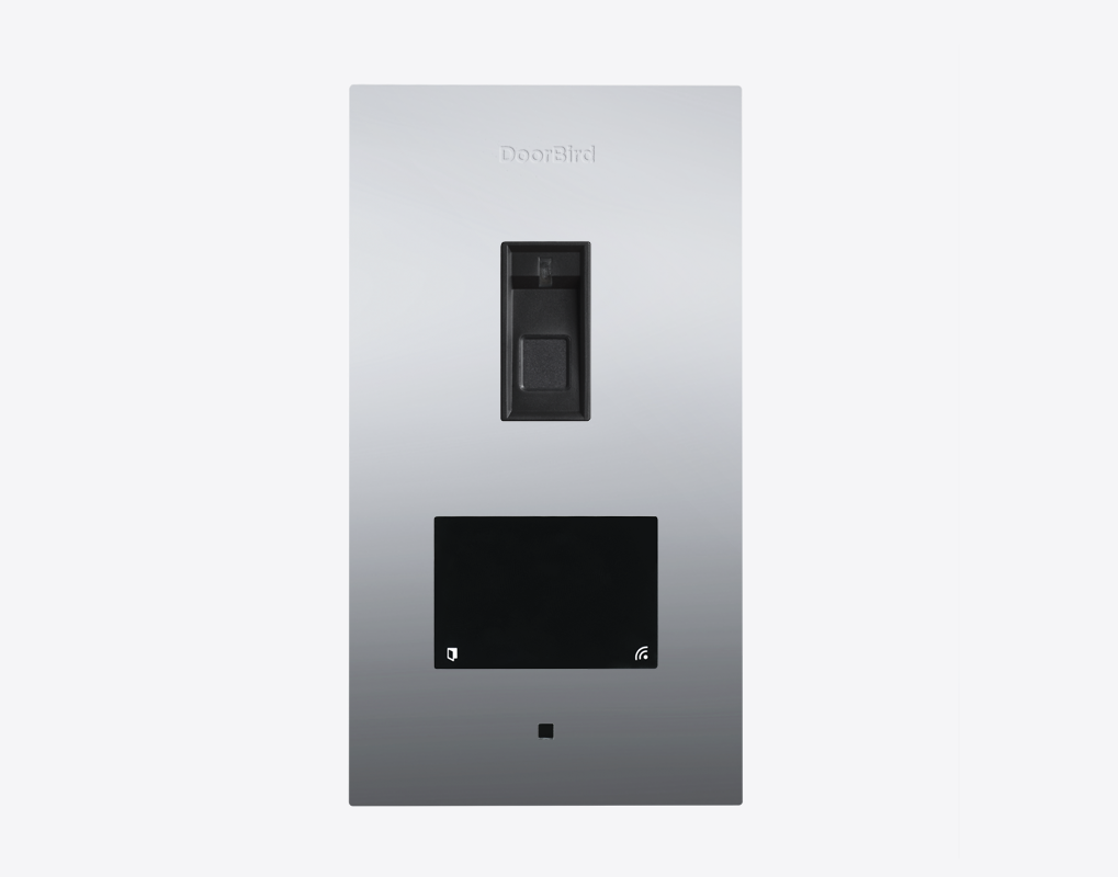 Fingerprint access control device with brushed stainless face and two black sensor panels