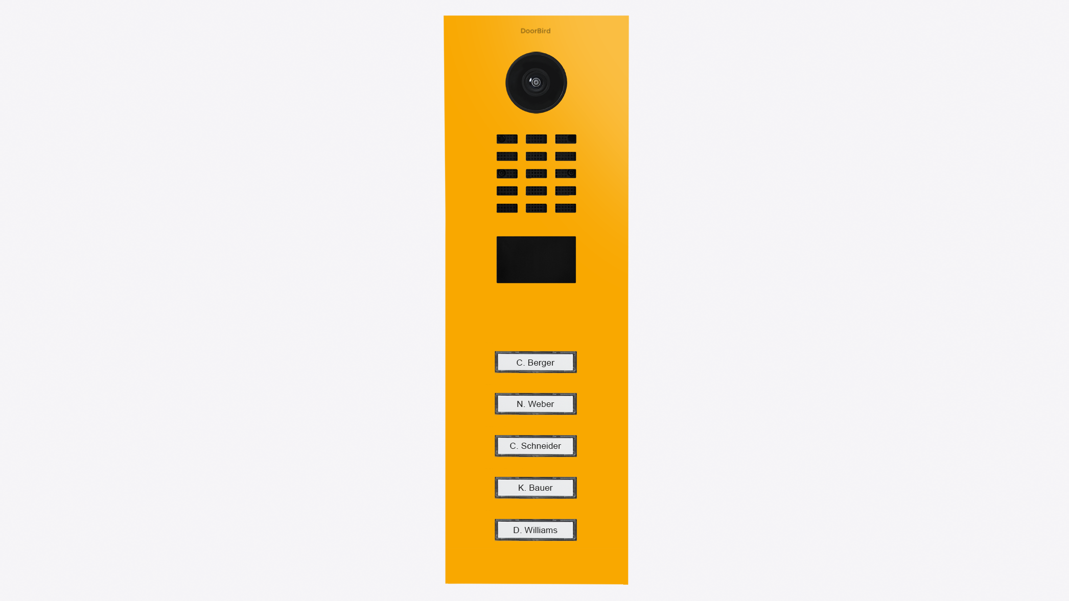 Signal yellow IP video door station with camera, call buttons, and name labels