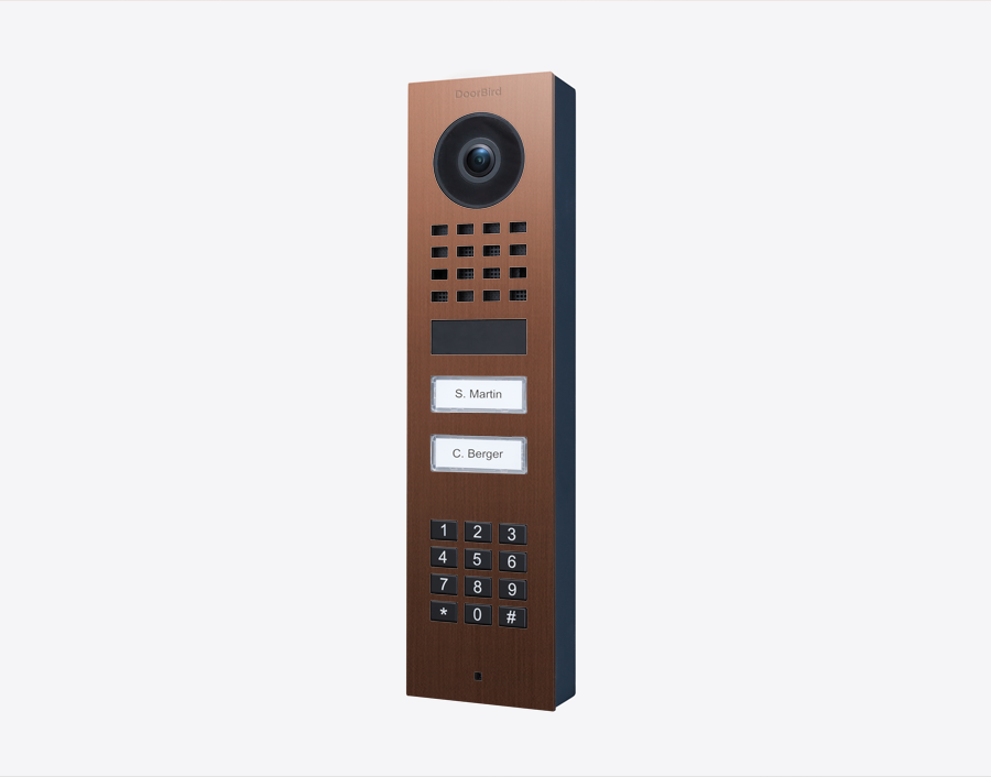 DoorBird bronze surface-mount video door station with camera, 2 call buttons, keypad