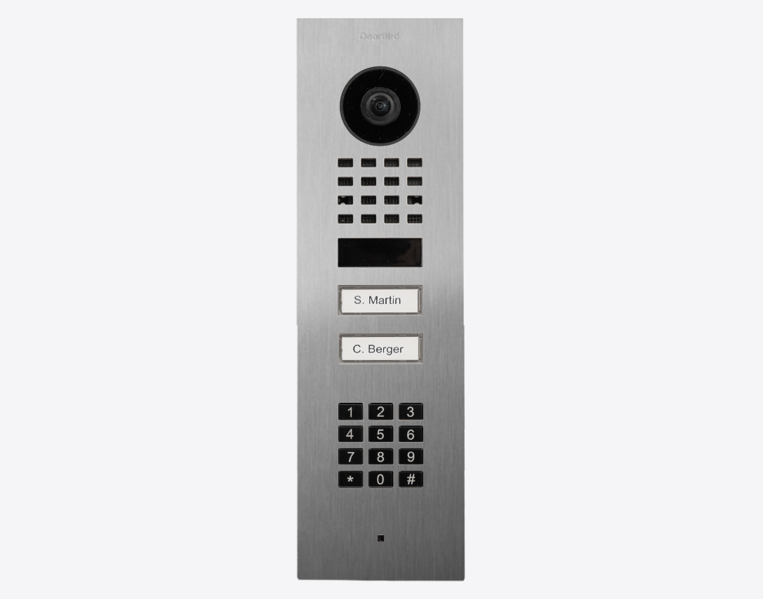 Stainless steel DoorBird video door station with camera, two call buttons and keypad