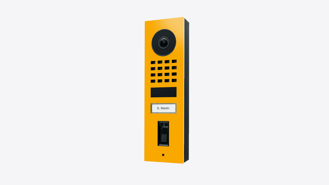 Signal yellow video door station with camera, keypad grid, and call button