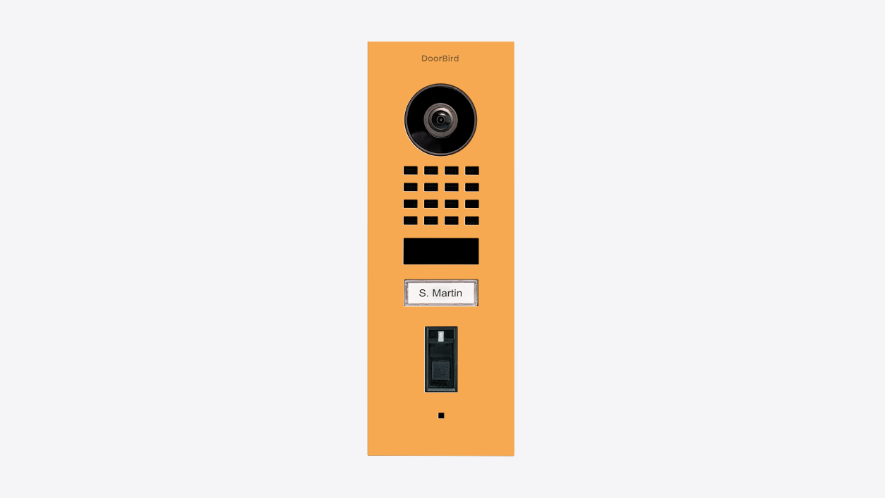 Saffron yellow flush-mount IP video door station with camera, keypad, and speaker grille
