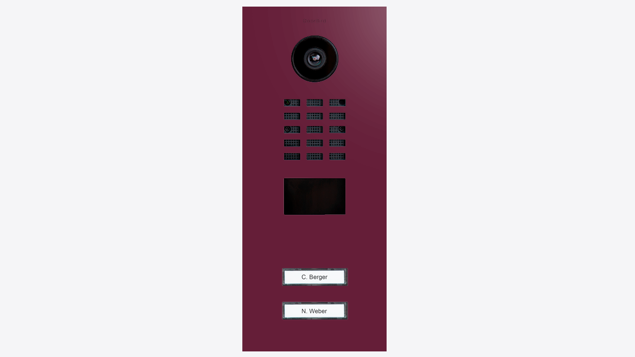 Claret violet IP video door station with camera lens and call buttons on front