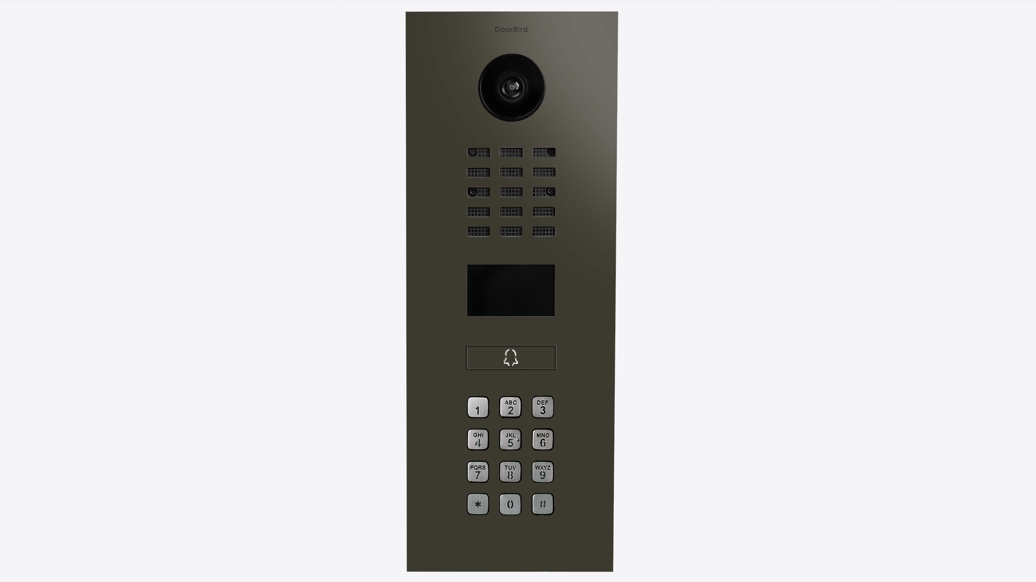 Grey-olive video intercom close-up with round camera lens, call keypad, and display window