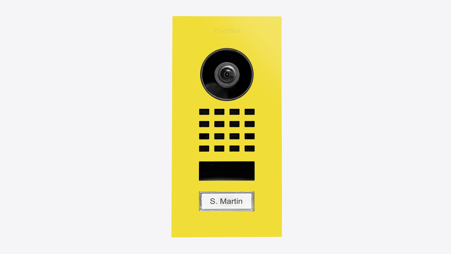 Sulfur yellow flush-mount video intercom with camera, keypad, and name label