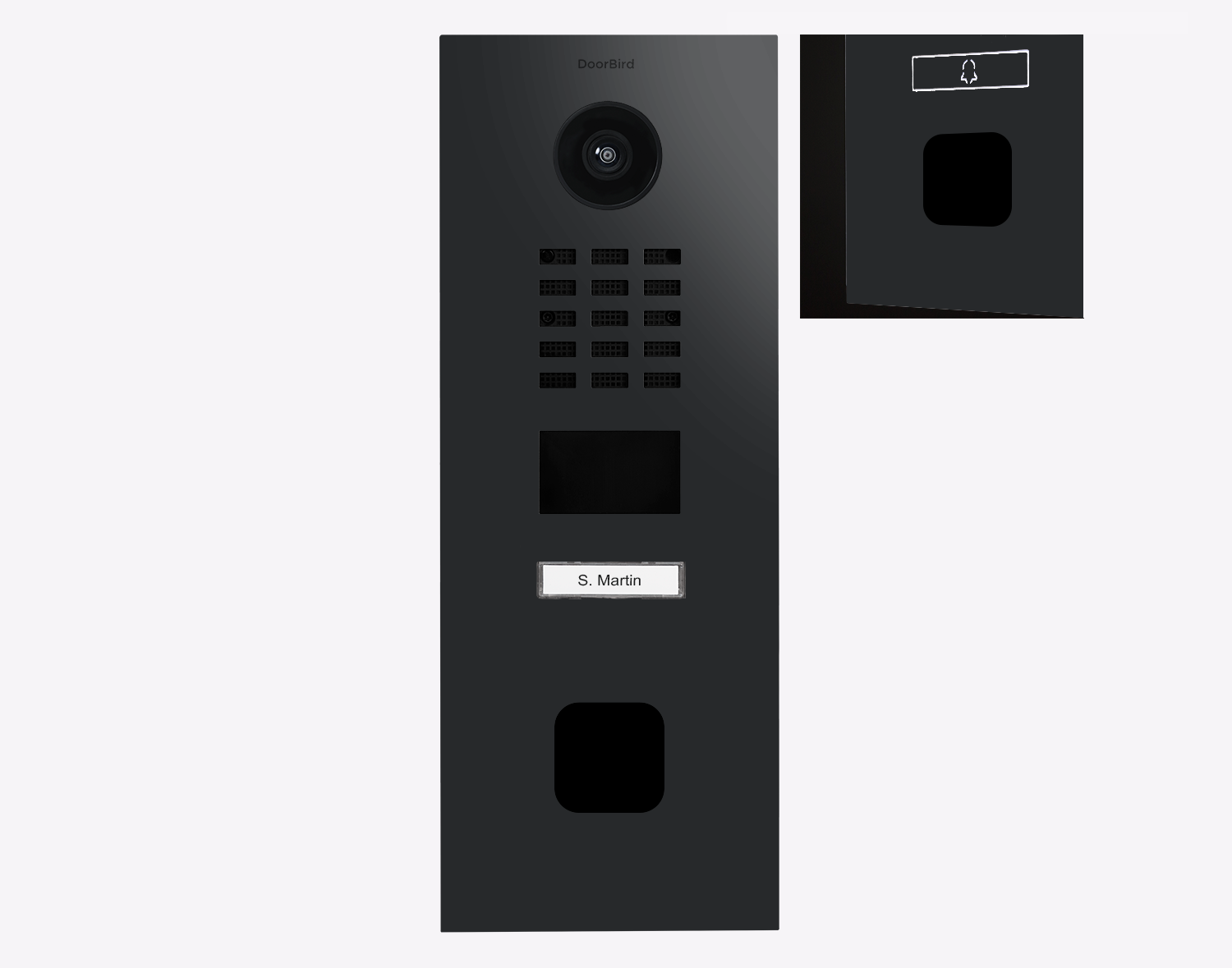 Graphite black IP video door station with camera lens, keypad, speaker and nameplate