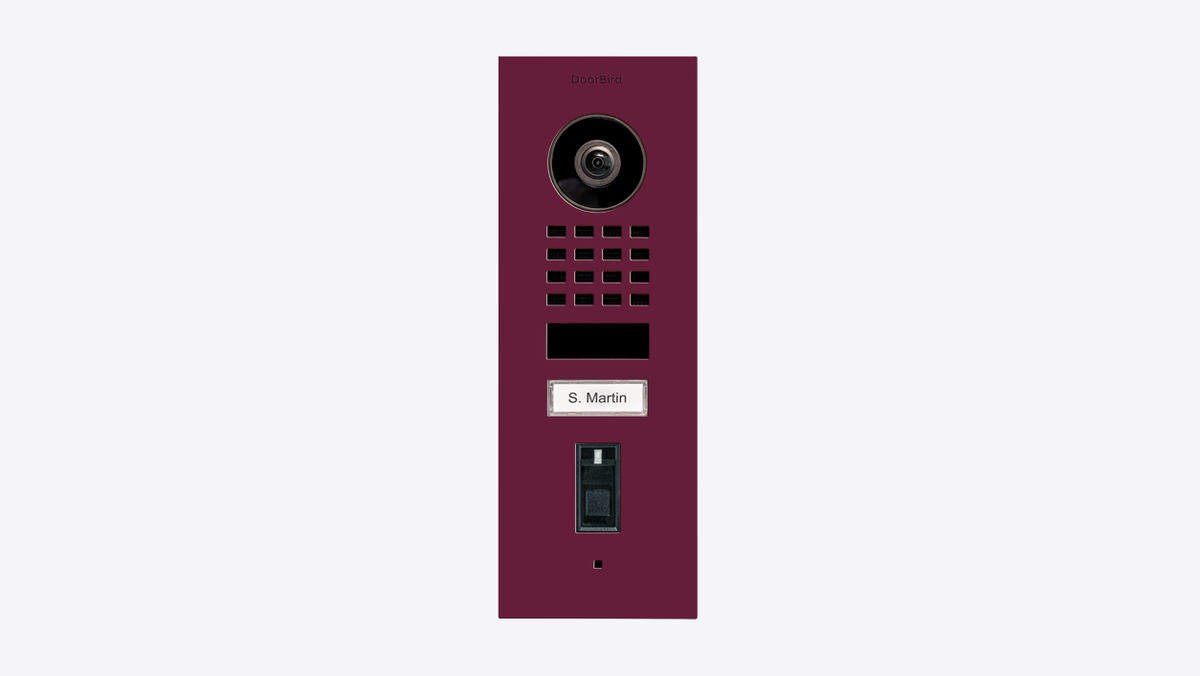 DoorBird flush-mount video door station in claret violet with camera and keypad