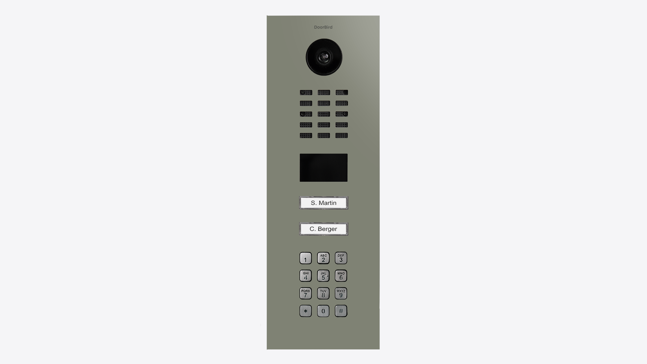 Cement grey DoorBird video door station panel with camera, display, and labeled keypad