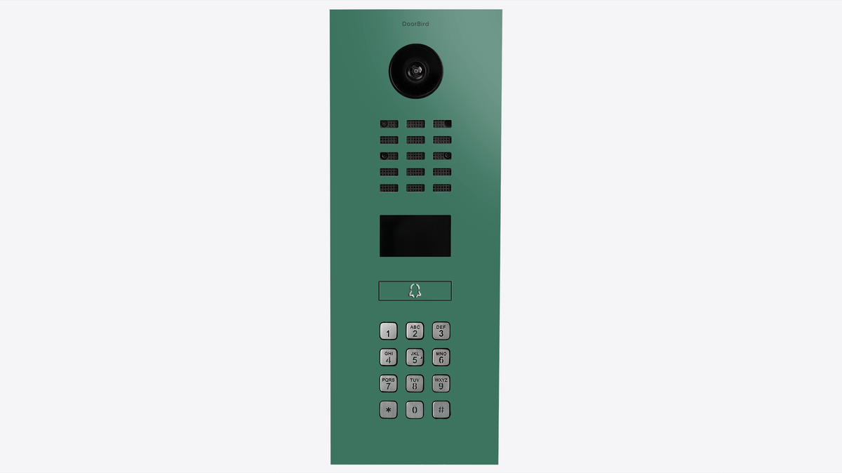 Patina green video intercom call panel with camera lens, speaker grille, and keypad